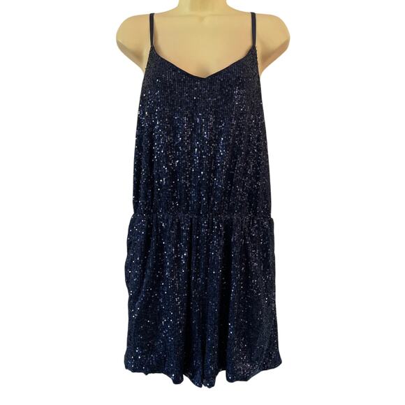 Navy Blue Sequin Knit Romper Woman Size XL Elastic Waist Pockets Lined Clubwear - Picture 1 of 12